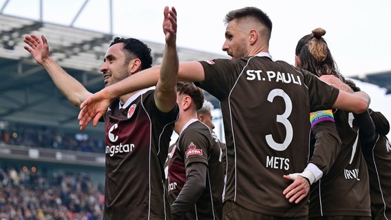 St. Paulis Spieler bejubeln einen Treffer. © Witters/LeonieHorky 