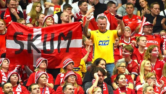 Ein schwedischer Handball-Fan steht mitten im dänischen Block © NDR Foto: Jan Kirschner