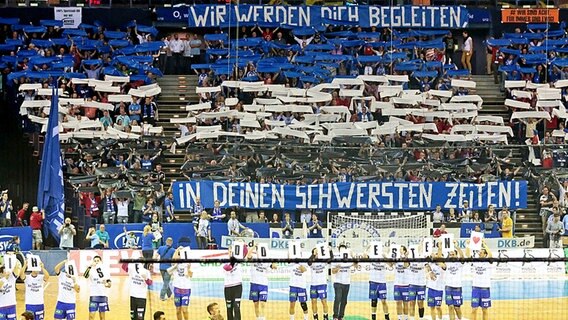 Fans der HSV-Handballer unterstützen ihr Team mit Plakaten. © fishing4 