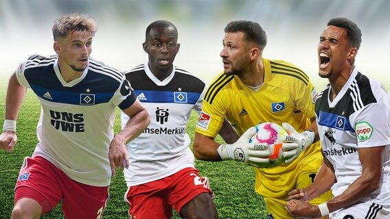 Montage: Die HSV-Spieler (v.l.) Moritz Heyer, Jean-Luc Dompé, Daniel Heuer Fernandes und Robert Glatzel © picture alliance/Witters 