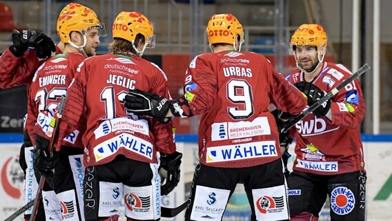 Jubel bei den Spielern der Pinguins Bremerhaven © IMAGO / Eibner 
