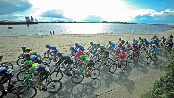 Das Fahrerfeld bei den Cyclassics am Elbstrand. © imago / Mario Stiehl Foto: Mario Stiehl