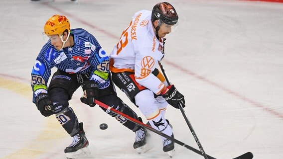 Bremerhaven Patrick Alber (l.) und Wolfsburgs Gerrit Fauser kämpfen um den Puck. © dpa-Bildfunk Foto: Carmen Jaspersen/dpa