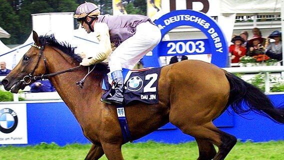 Der französische Jockey Olivier Peslier gewinnt mit dem dreijährigen Hengst Dai Jin das Derby 2003. © dpa Foto: Frank Rumpenhorst