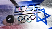 Ein Eishockey-Puck, olympische Ringe, der Schriftzug DOSB und der Davidstern (Collage) © Imago 