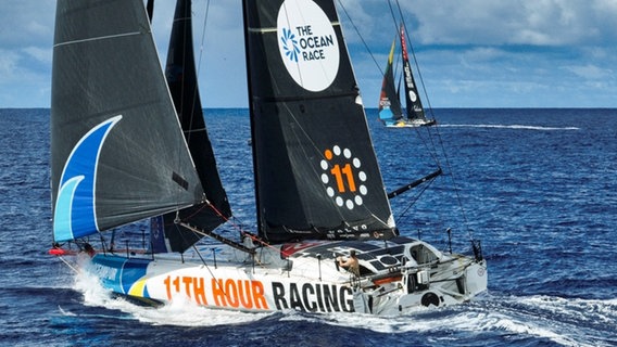 Das 11th Hour Racing Team, im Hintergrund die Malizia © picture alliance/dpa/The Ocean Race | Amory Ross 