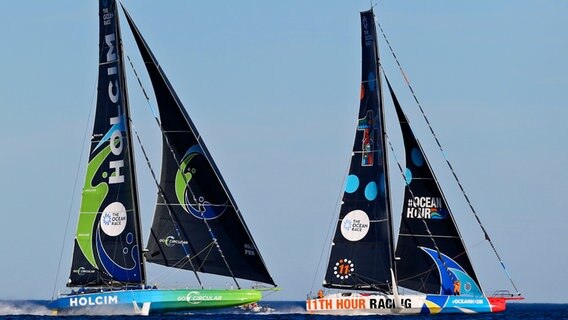 Die Imoca-Yachten vom 11th Hour Racing Team (r.) und Holcim beim Ocean Race © picture alliance / ASSOCIATED PRESS Foto: Alberto Saiz