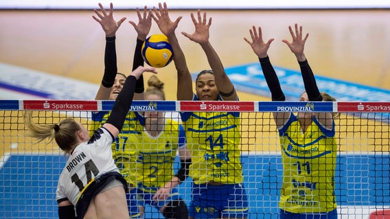 Die SSC-Volleyballerinnen blocken gegen Suhls Julia Kathryn Brown. © IMAGO / Ostseephoto 