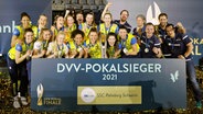 Die Volleyballerinnen des SSC Schwerin sind Pokalsiegerinnen 2021 © IMAGO / Marcel Lorenz 