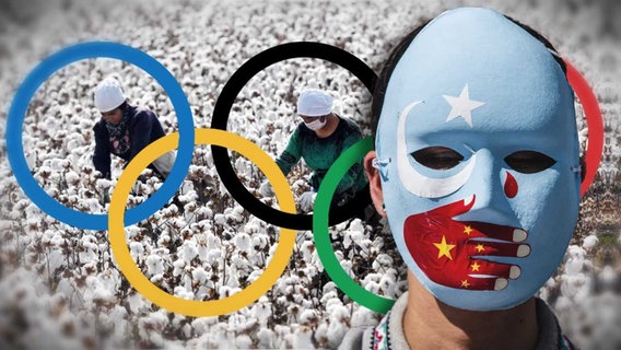 Die olympischen Ringe vor einem Baumwollfeld und eine blaue Maske, der von einer roten Hand der Mund zugehalten wird (Symbolbild, Fotomontage).  