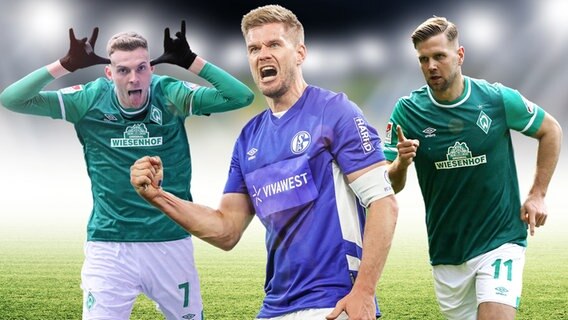 Montage: Simon Terodde von Schalke 04 (M.) sowie die Bremer Marvin Ducksch (l.) und Niclas Füllkrug © Imago / Nordphoto/RHR-Foto/Claus Bergmann 