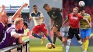 Jubelnde Osnabrücker, Robert Glatzel und Jakov Medic im Derby, Havard Nielsen und Jannis Nikolaou im Kopfballduell © Imago Foto: Osnapix/MIS