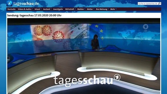 Screenshot der Tagesschau-Website. Zu sehen ist der Videoplayer mit der Ausgabe vom 17. März 2020 und der Cornoavirus-Berichterstattung. © Tagesschau Foto: Screenshot