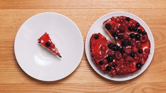 Ein Stück Kuchen liegt auf einem Teller, der Restkuchen auf einem anderen Teller daneben. © photocase.de Foto: Arnd Drifte