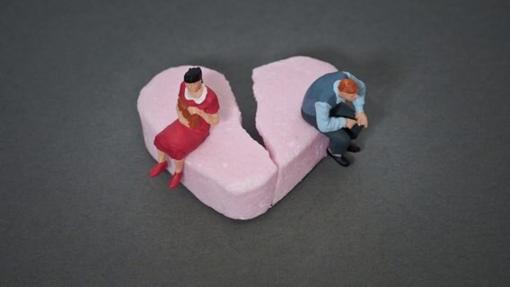 Zwei Modellfiguren sitzen auf einem zerbrochenen Herz © Photocase Foto: dioxin