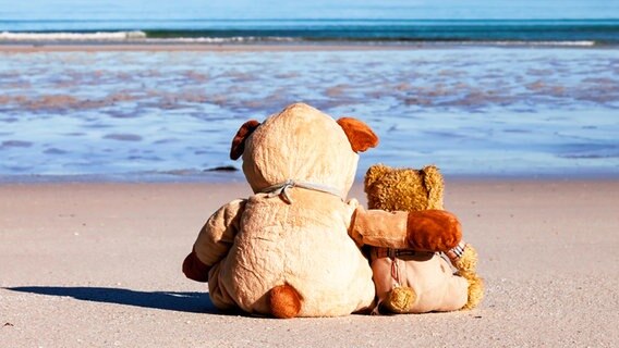Rückansicht von zwei Teddys die Arm in Arm am Strand sitzen. © photocase.de Foto: Nordreisender