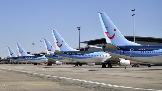 Mehrere Flugzeuge des Reisekonzerns TUI stehen auf einem Flughafen. © picture alliance / BELGA /dpa Foto: Eric Lalmand
