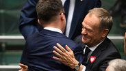 Donald Tusk (r), Vorsitzender der größten Oppositionspartei, umarmt Szymon Holownia, einer der beiden Chefs des oppositionellen Wahlbündnis des Dritten Wegs und neu gewählter Sejm-Sprecher. © picture alliance/dpa/PAP | Radek Pietruszka Foto: Radek Pietruszka