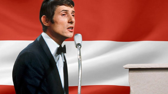 Udo Jürgens vor der Österreichischen Flagge. (Bildmontage) © Fahne: Fotolia, Quelle Künstler: picture-alliance / dpa Foto: Fahne: Juergen Priewe, Fotograf Künstler: Ducklau