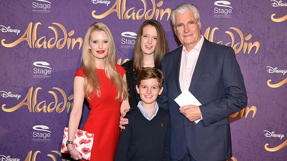Actor Sky du Mont(r) and his model wife Mirja, daughter Tara Neven du Mont and son Vine Neven du Mont arrive for the premiere of the Disney musical in Hamburg, Germany, December 06, 2015 