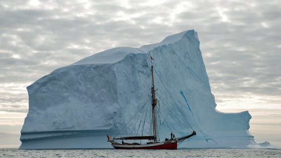 Das Schiff von Arved Fuchs, die Dagmar Aaen, vor einem Eisberg im Meer. © Arved Fuchs Foto: Brigitte Ellerbrock