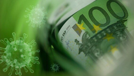 Stilisierte Coronaviren sind  über einen Geldschein projiziert (Montage) © photocase, Fotolia Foto: PolaRocket, psdesign1