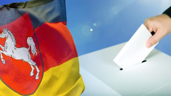 Die Niedersachsen Flagge vor einer Wahlurne. (Bildmontage) © fotolia.com Foto: rangizzz, JWS