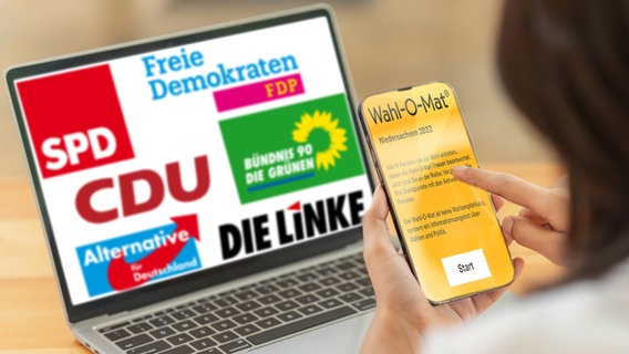 Ein Smartphone mit dem Startbildschirm des "Wahl-O-Mat" für Niedersachen © colourbox Foto: -