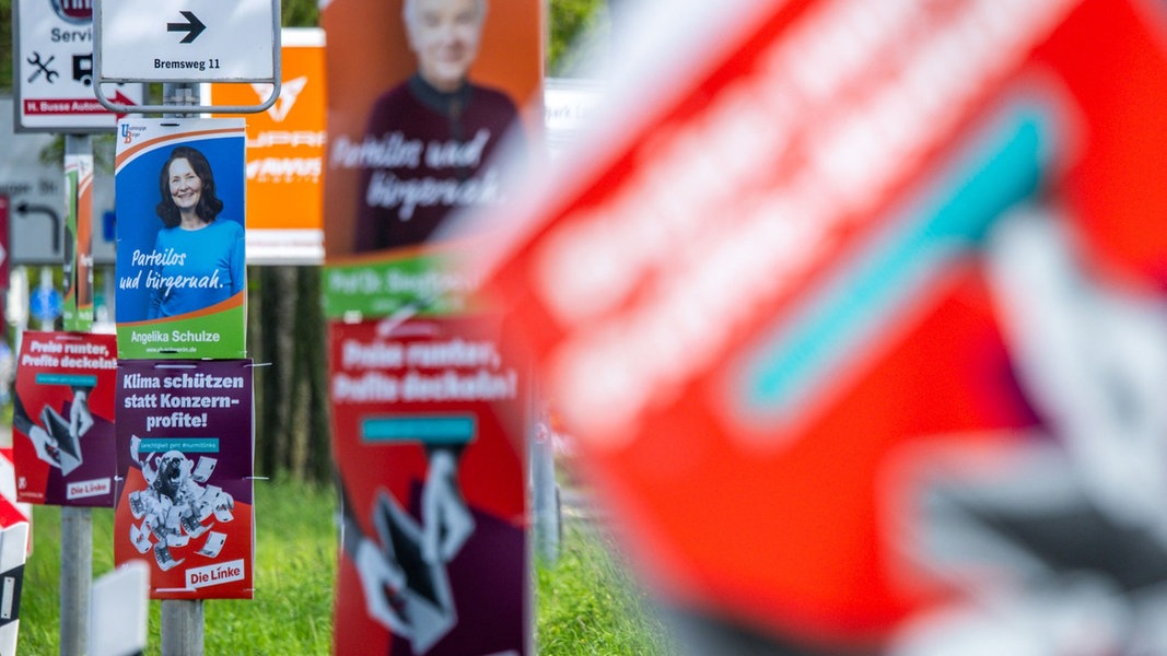 Wahlplakate verschiedener Parteien hängen an den Laternenmasten einer Ausfallstraße in Schwerin.