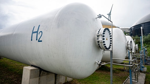 Ein Wasserstoff-Tank steht in einem Hybridkraftwerk in Brandenburg © dpa-Bildfunk Foto: Fabian Sommer/dpa