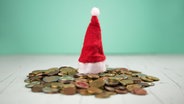 Eine kleine Weihnachtsmütze auf einem Haufen Münzgeld © photocase.de Foto: David W