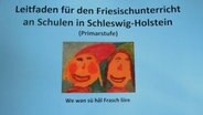 Schriftzug "Leitfaden für Friesischunterricht an Schulen in Schleswig-Holstein" und darunter ist ein gemaltes Bild von zwei Kindern. © NDR Foto: Karin haug