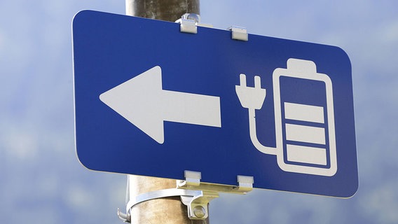 Auf einem blauen Schild wird ein Pfeil und eine Batterie mit Stecker angezeigt. © Imago/ CHROMEORANGE Foto: Imago/ CHROMEORANGE