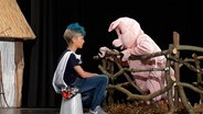Ein Jugendlicher sitzt auf einer Theaterbühne und spricht mit einem Menschen im Schweinekostüm. © NDR Foto: Karin Haug