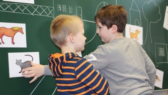 Zwei Jungs stehen während des Plattdeutsch Unterrichts an der Tafel, welche mit Bildern bemalt und beklebt ist. © NDR Foto: Rebekka Merholz