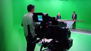 Moderatoren des Schleswig-Holstein Magazins stehen im Studio vor einer Fernsehkamera mit dem grünen Hintergrund. © NDR 