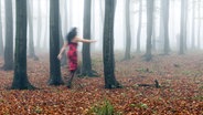 Die Silhouette einer Frau, die durch einen herbstlichen Buchenwald läuft. © imago Foto: imagebroker