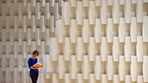 Eine Frau ließt ein Buch und steht dabei vor einer weißen Wand. © picture alliance / dpa Foto: Boris Roessler