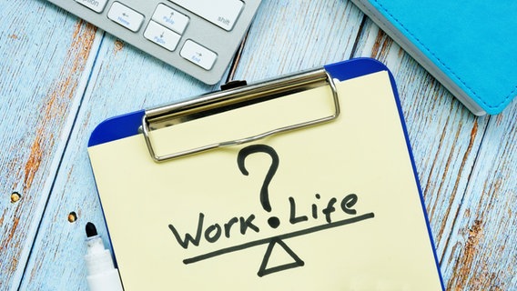 Auf einem Tisch liegt ein Klemmbrett mit einem Blatt Papier auf dem "Work?Life" steht. © Colourbox 