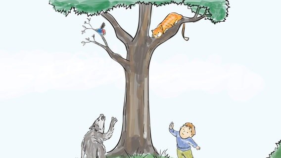 Auf einer farbigen Zeichnung sitzt ein Vogel und eine Katze in einem Baum. Unten rechts steht ein kleiner Junge, links ein Wolf. © Allee Theater Foto: Allee Theater