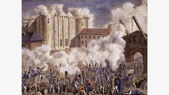 Sturm auf die Bastille am 14. Juli 1789 auf einem kolorierten Kupferstich von H. Godin. © picture-alliance Foto: akg-images