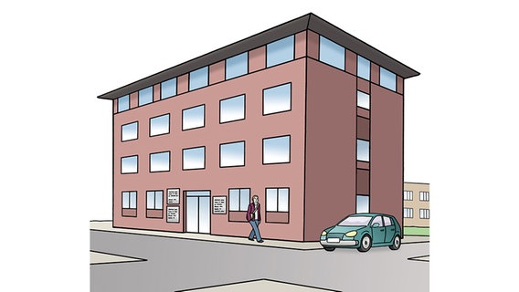 Eine Zeichnung: ein Büro-Gebäude. © Lebenshilfe für Menschen mit geistiger Behinderung Bremen e.V., Illustrator Stefan Albers Foto: Illustrator Stefan Albers