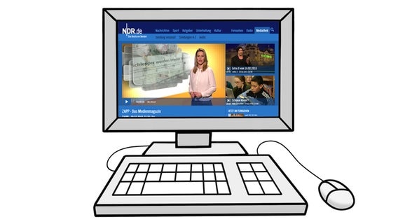 Ein gezeichneter Computer mit einem Screenshot der NDR Mediathek auf dem Bildschirm. © NDR Foto: NDR