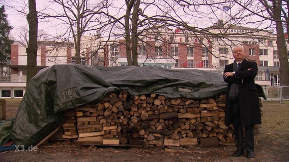 Mann steht neben einem großen Stapel Brennholz.  