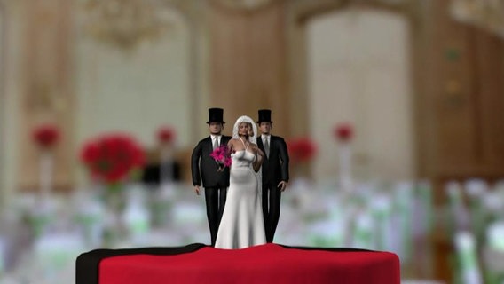 Hochzeitstortenfiguren. Eine Braut mit zwei Bräutigammen.  
