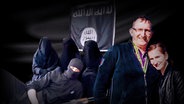 Leonora und ihr Vater Maik. Im Hintergrund ein IS-Kämpfer und drei vollverschleierte Frauen. © NDR/Fritz Gnad Foto: Fritz Gnad