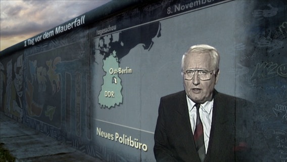 Die Tagesschau vom 8.11.1989 projiziert auf die Berliner Mauer  