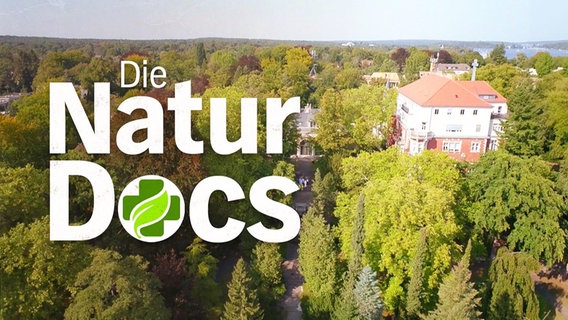 Schriftzug "Die Natur-Docs" steht über dem Foto eines Gebäudes in einem Park aus der Vogelsperspektive.  