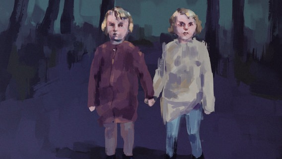 Zeichnung: Adam und Ida als Kleinkinder. Die beiden Zwillinge halten Händchen als Kinder. © NDR/Hoferichter & Jacobs GmbH 