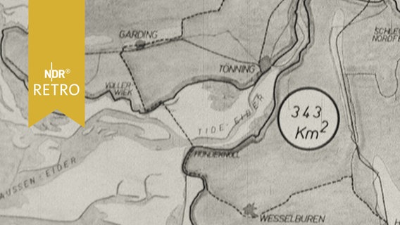 Karte der Küstenlinie von Dithmarschen und Nordfriesland mit geplantem Eidersperrwerk (1965)  